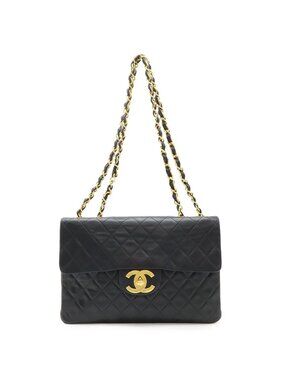 Chanel Big Quilted CC Logo Chain Shoulder Bag Leather Black Gold